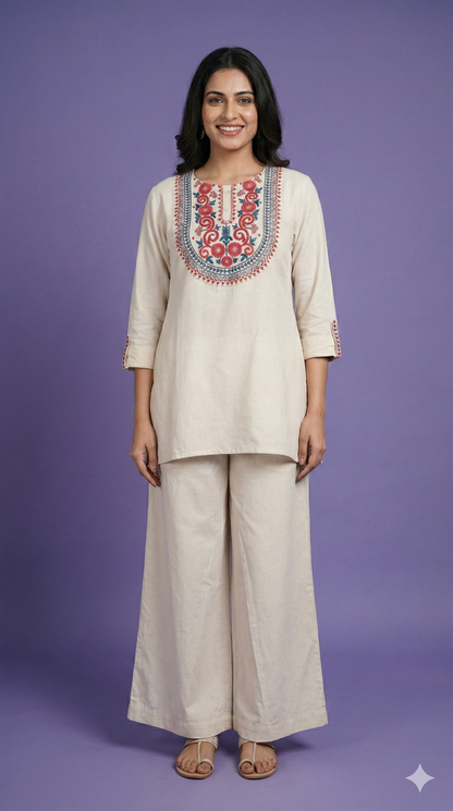 Ivory Round Neck Cotton Short Kurta