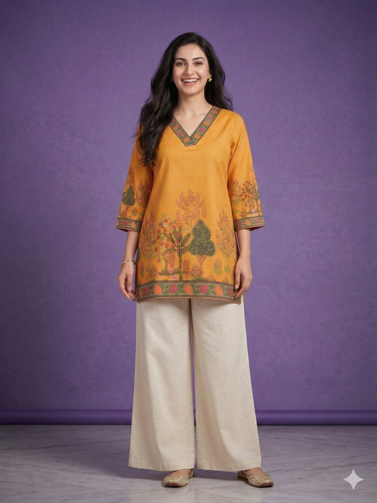 Yellow V Neck Cotton Short Kurta