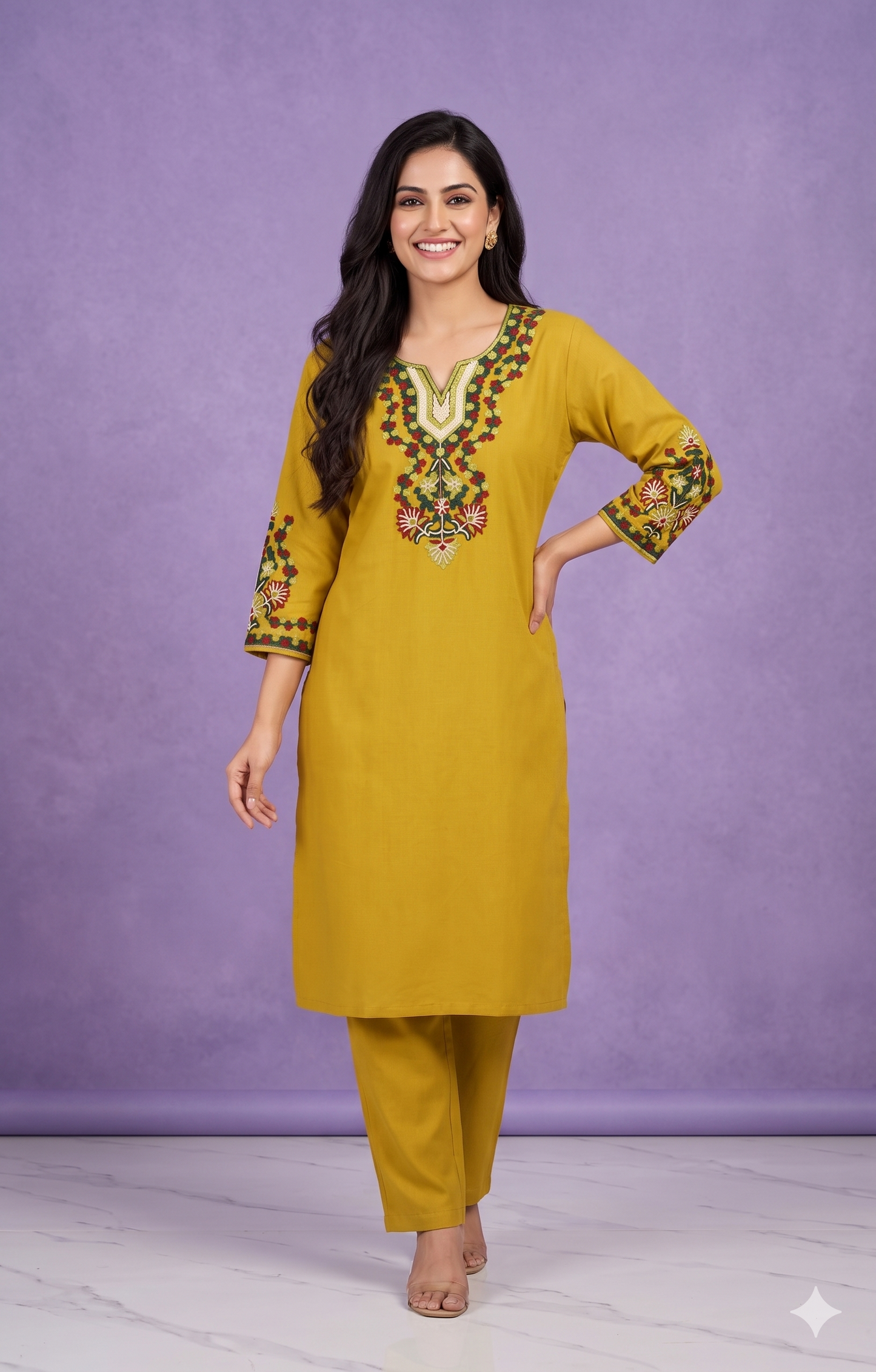 Yellow Round V Neck Cotton Kurta Set