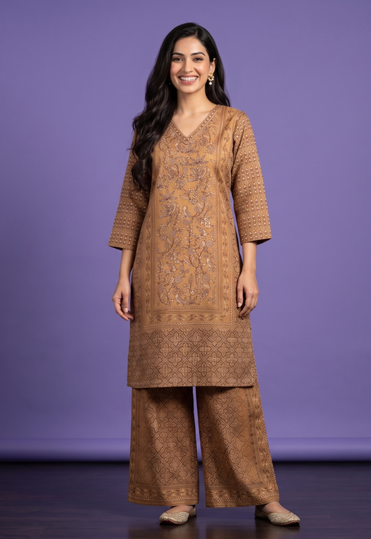 Brown V Neck Cotton Cord Set