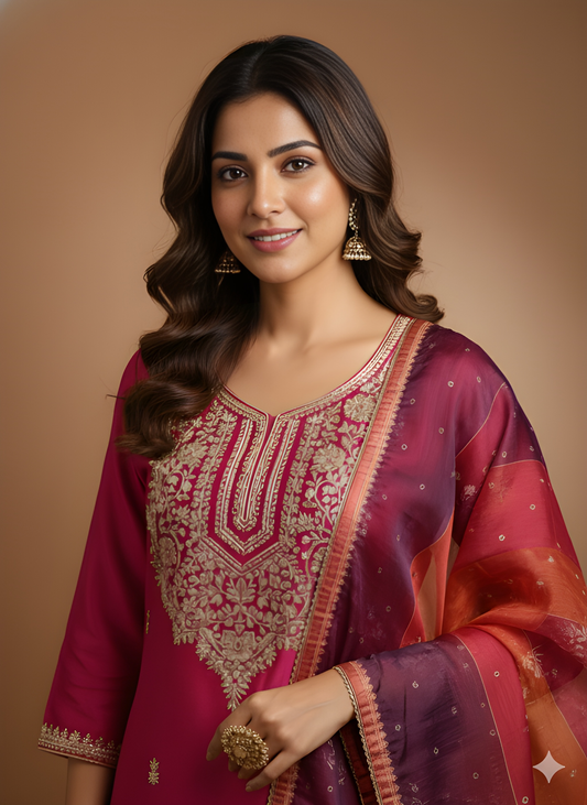 Pink Round Neck Silk Kurta