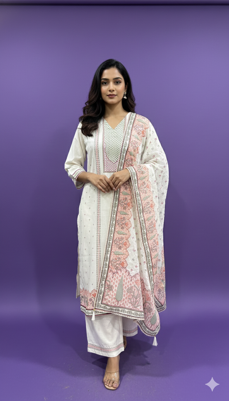 Ivory V Neck Cotton Kurta Set with Dupatta