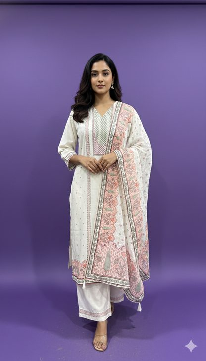 Ivory V Neck Cotton Kurta Set with Dupatta