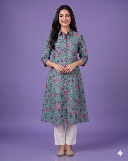 Blue Collard Cotton Kurta