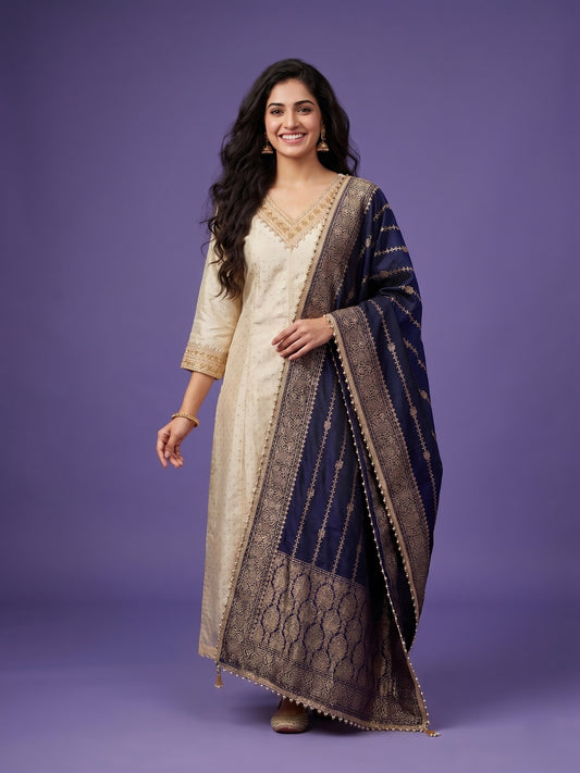 White V Neck Silk Gown With Dupatta