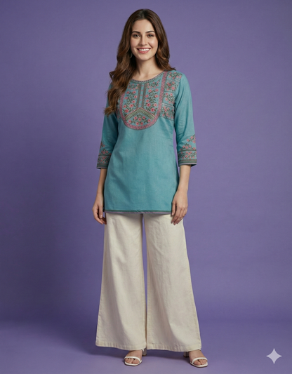 Blue Round Neck Short Kurta