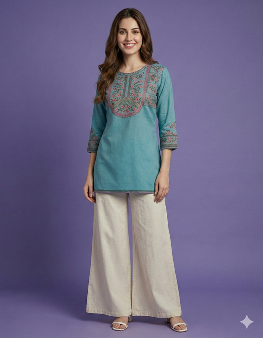 Blue Round Neck Short Kurta