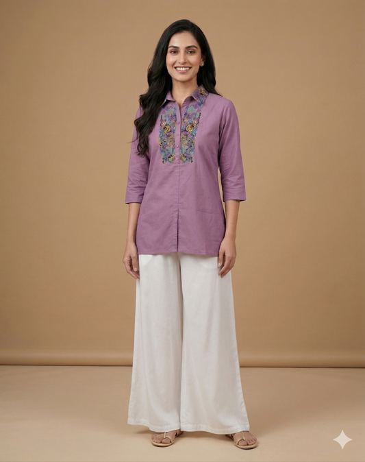 Purple Collard Cotton Short Kurta