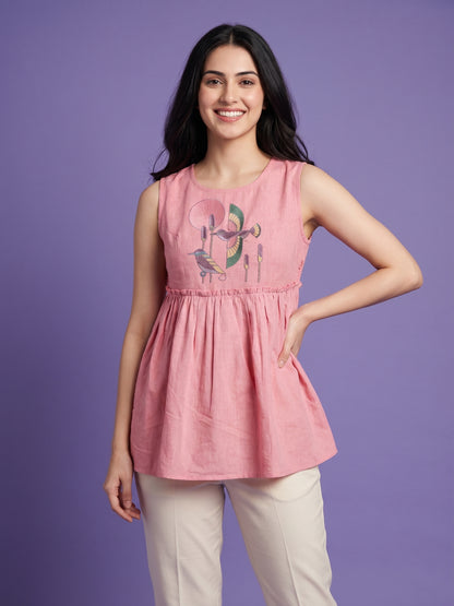 Pink Round Neck Short Kurta