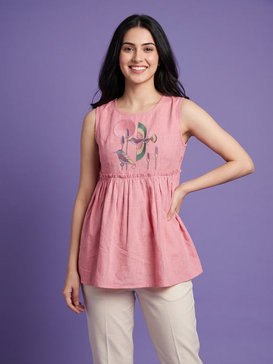 Pink Round Neck Short Kurta