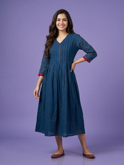 Blue V Neck Cotton Linen Kurta