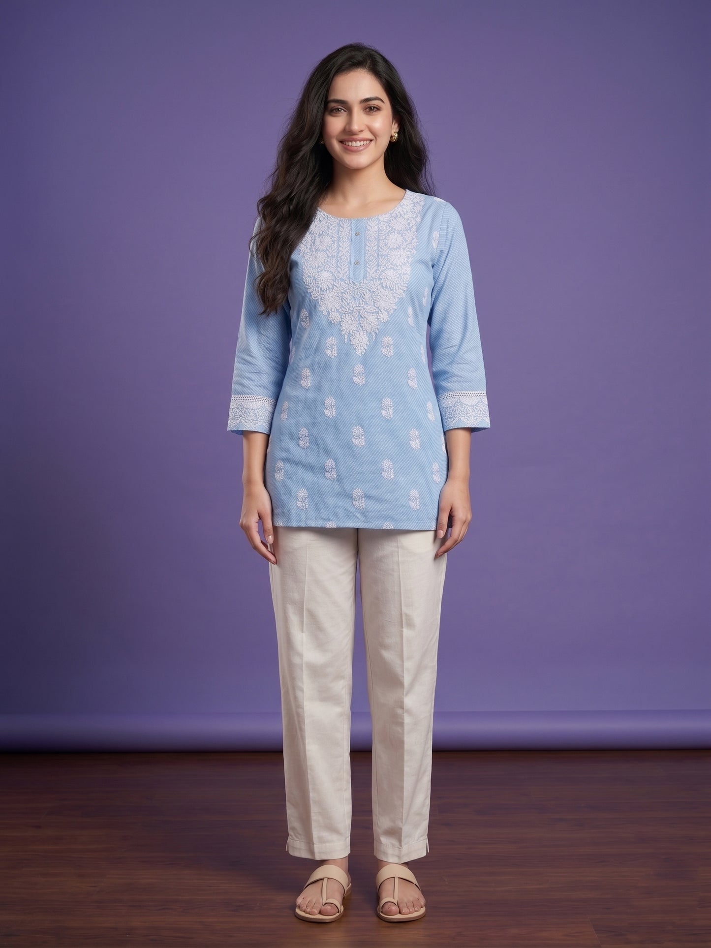 Blue V Neck Cotton Short Kurta