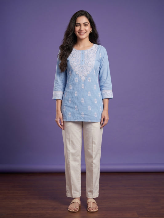 Blue V Neck Cotton Short Kurta