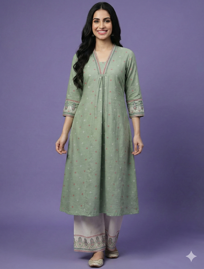 Green V Neck Cotton Kurta