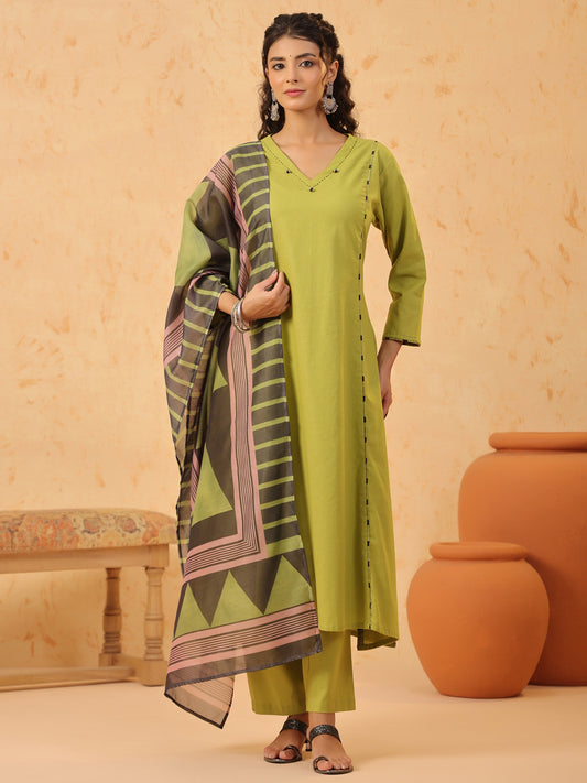 Green V Neck Cotton Kurta Set with Dupatta