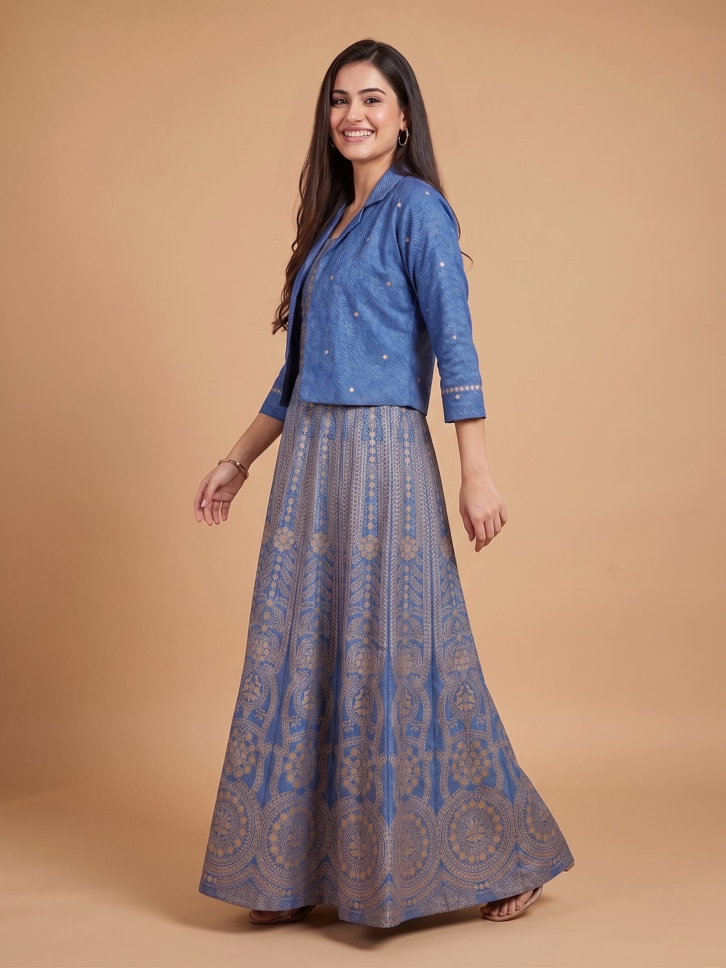 Denim Blue Notched Collar Cotton Gown With Crop Jacket