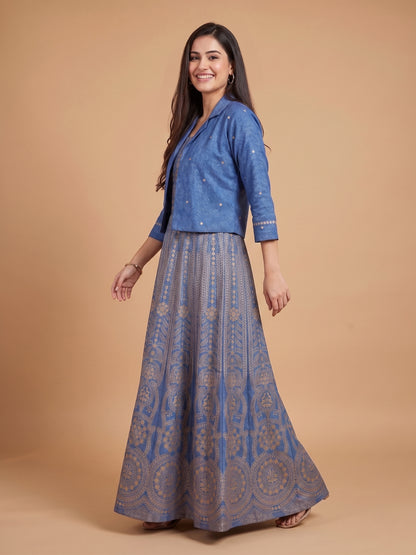Denim Blue Notched Collar Cotton Gown With Crop Jacket