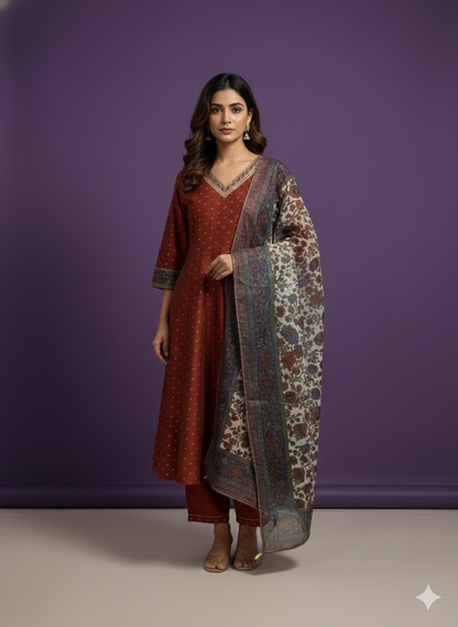 Brown V-Neck Silk Kali Kurta Set with Dupatta
