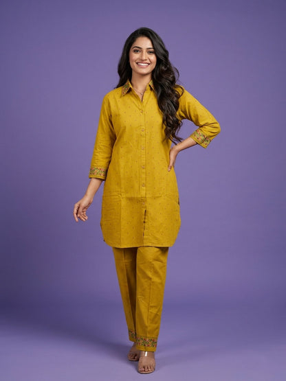 Yellow Shirt Collar Cotton Linen Cord Set