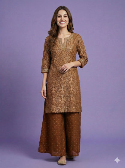 Brown Round V Neck Silk Kurta