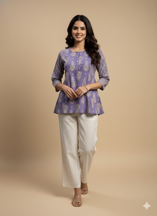 Purple Mandarin Cotton Short Kurta