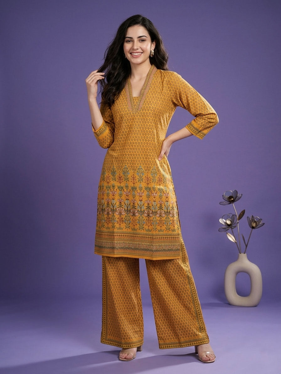 Yellow Deep V Neck Cotton Cord Set