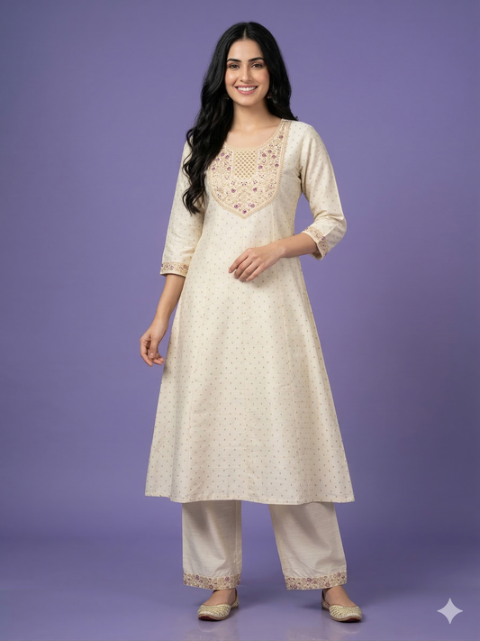 Ivory Round Neck Silk Kurta