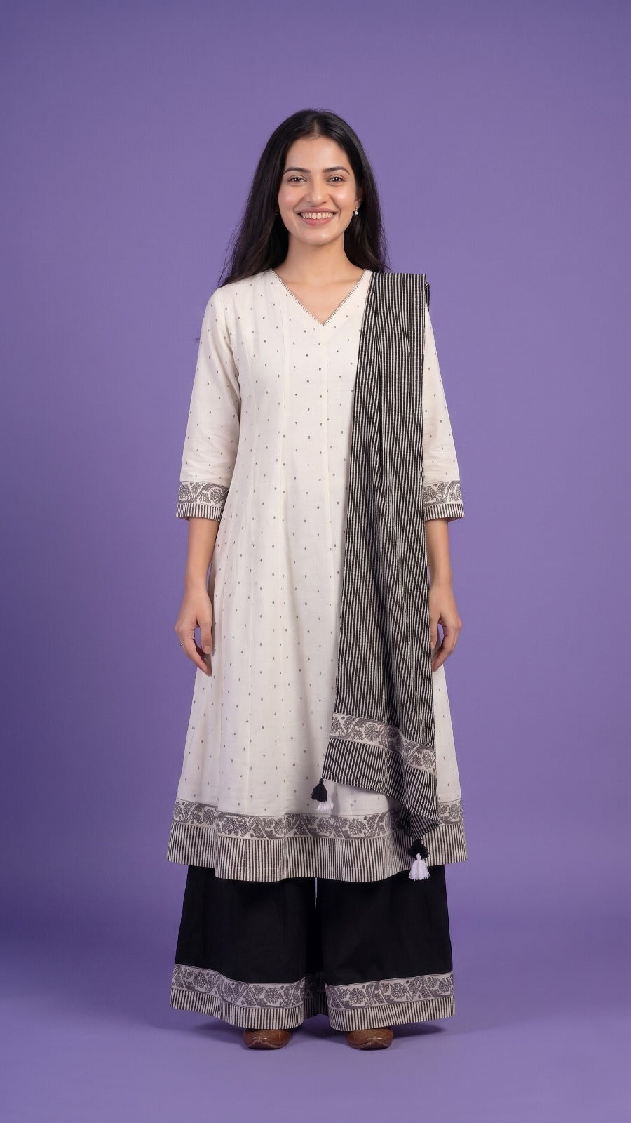 White V Neck Cotton Linen Kurta Set with Dupatta