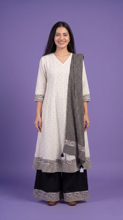 White V Neck Cotton Linen Kurta Set with Dupatta