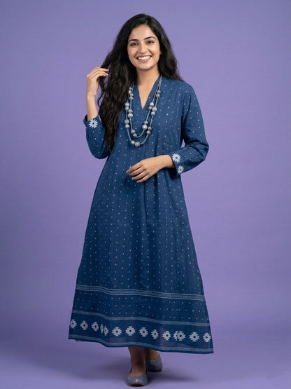 Blue High V Neck Cotton Kurta