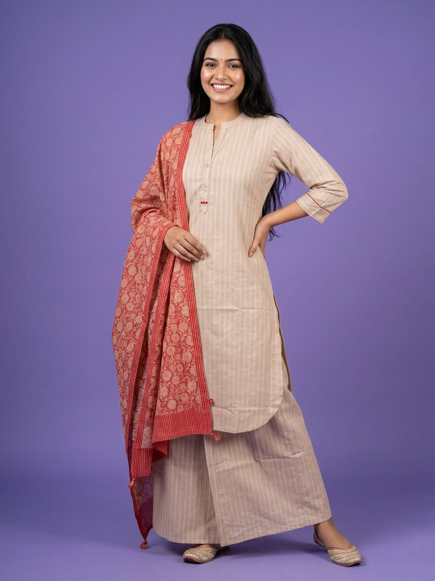 Beige Mandarin Neck Cotton Linen Kurta Set with Dupatta