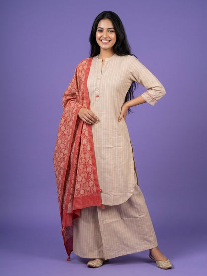 Beige Mandarin Neck Cotton Linen Kurta Set with Dupatta