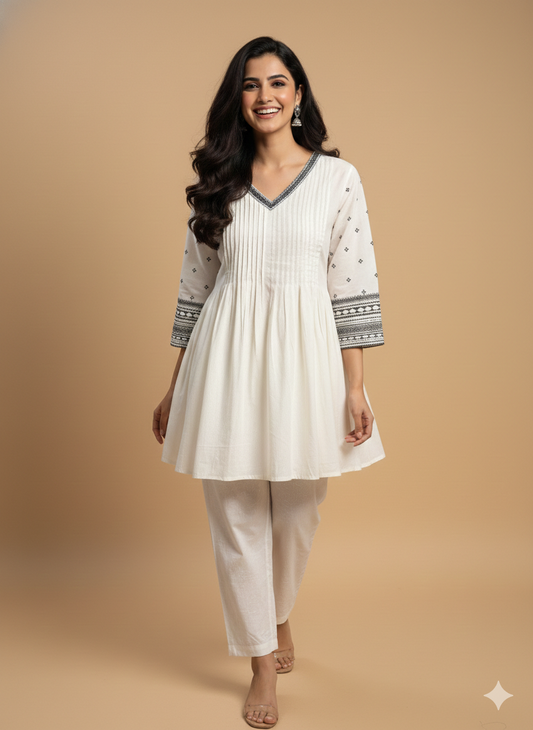 Ivory V neck Cotton Short Kurta