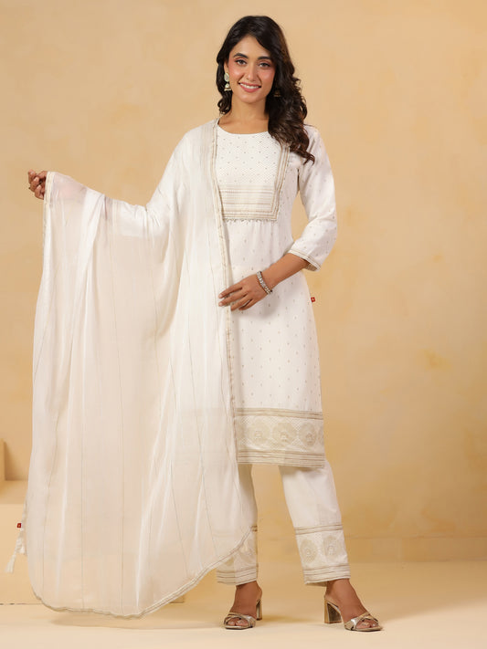 Span White Round Neck Rayon Kurta Set with Dupatta
