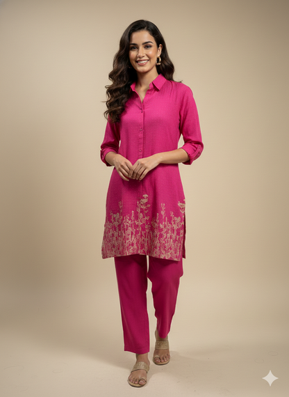 Pink Collard Cotton Short Kurta