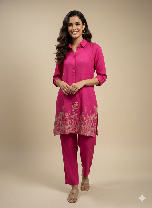 Pink Collard Cotton Short Kurta