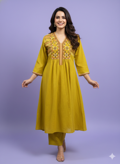 Green V Neck Cotton Kurta