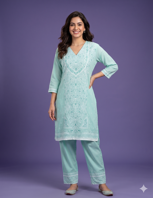 Blue V Neck Cotton Cord Set