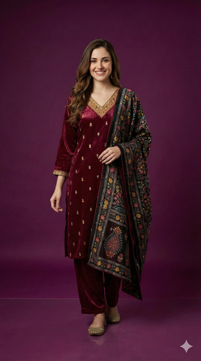 Burgundy V Neck Silk Kurta Set with Dupatta