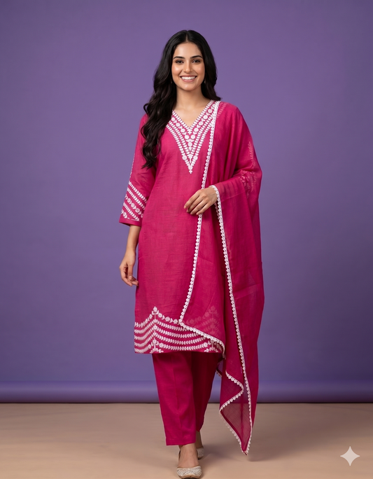 Pink V Neck Cotton Kurta Set with Dupatta