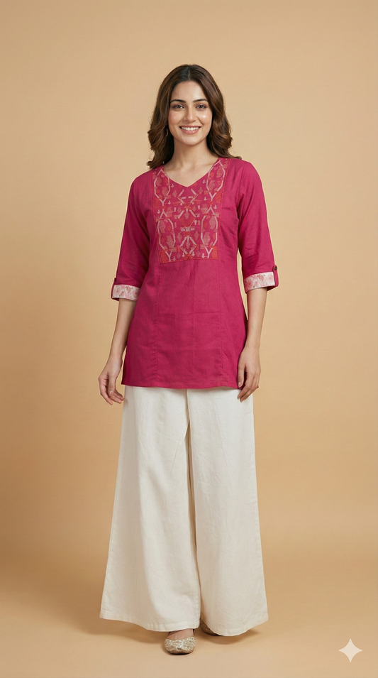 Pink Round V neck Cotton Short Kurta