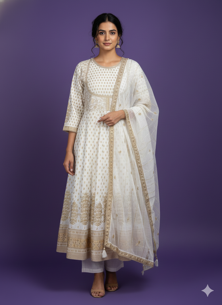 White Round Neck Silk Kurta Set with Dupatta