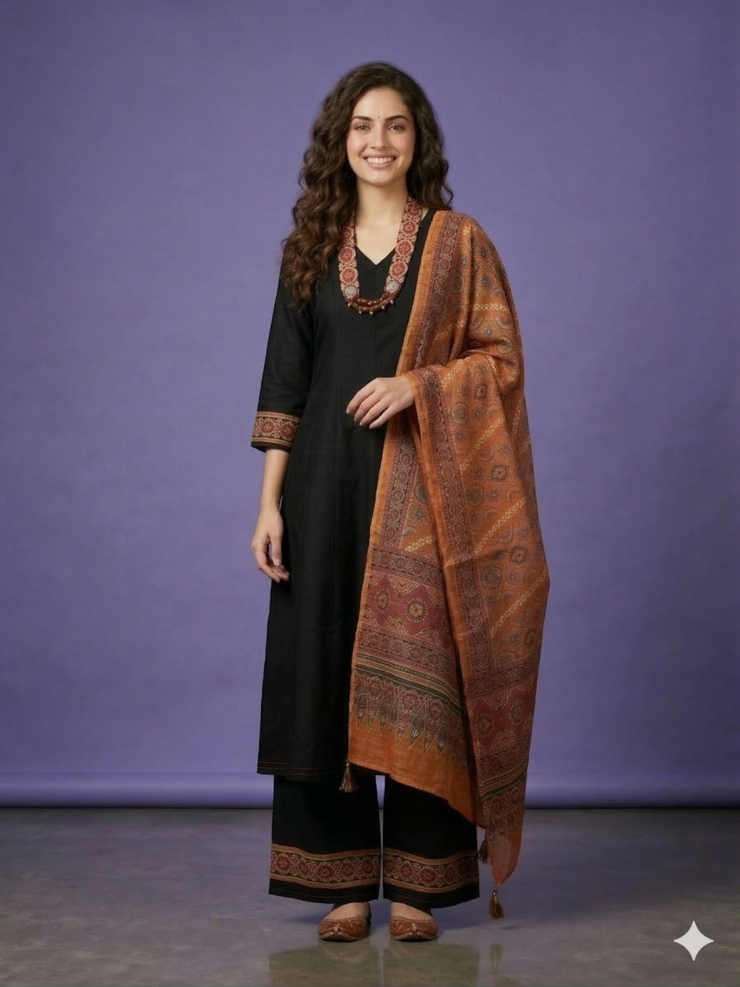 Black V Neck Silk Kurta Set with Dupatta