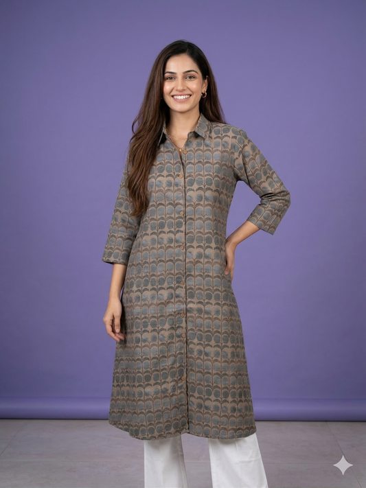 Beige Collard Cotton Kurta