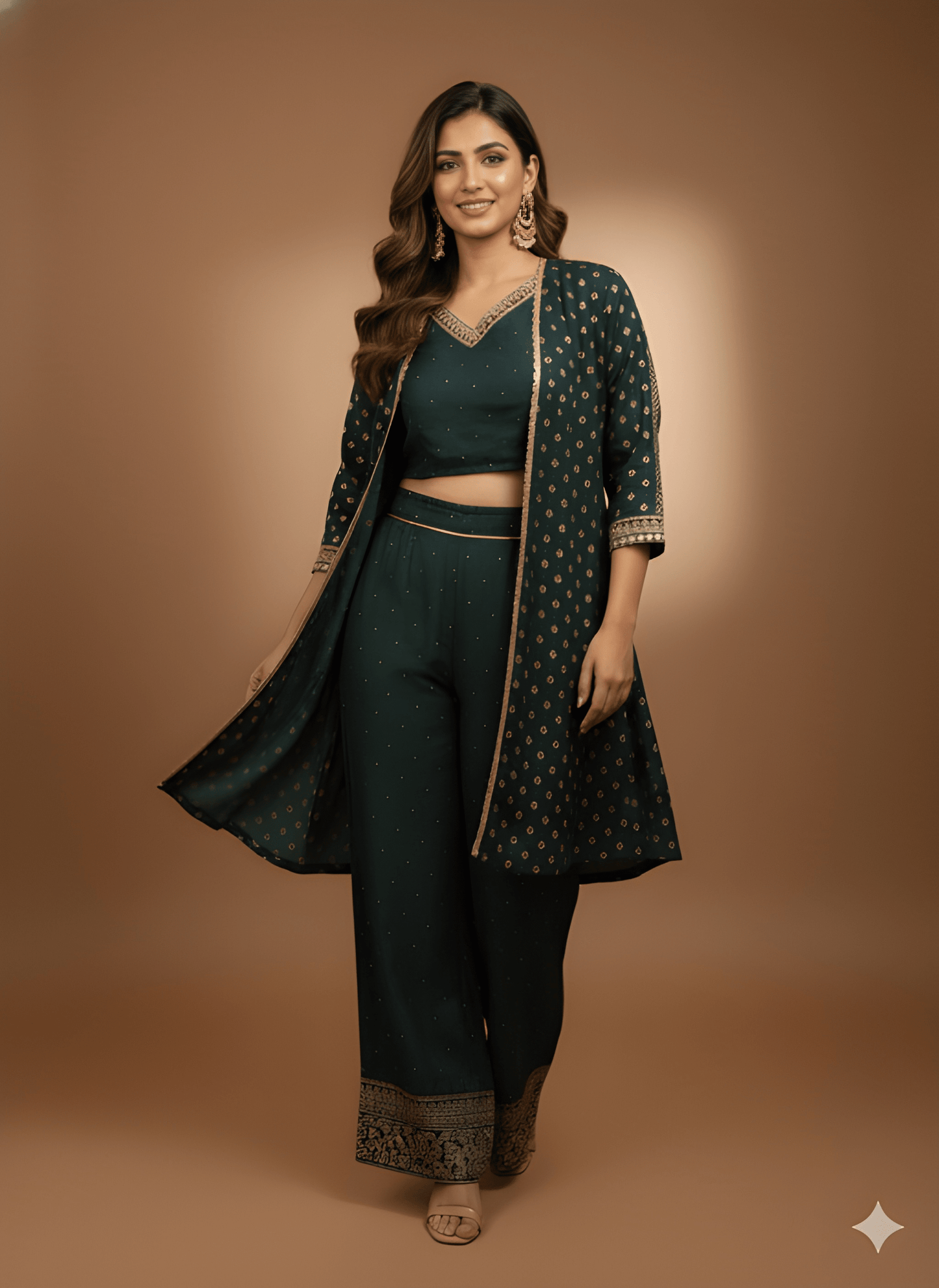 Green V Neck Silk 3PCS Set