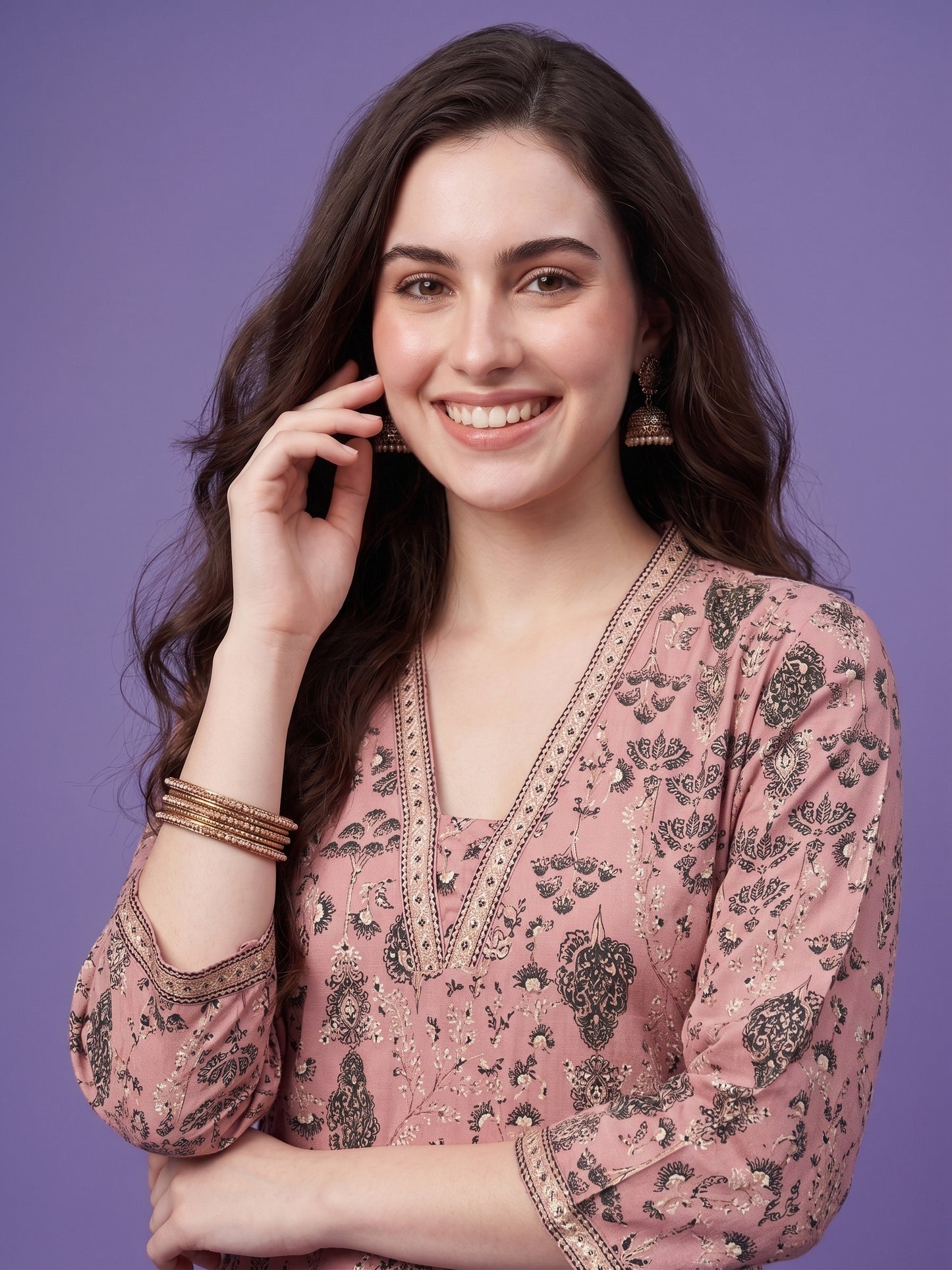 Pink V Neck Cotton Kurta