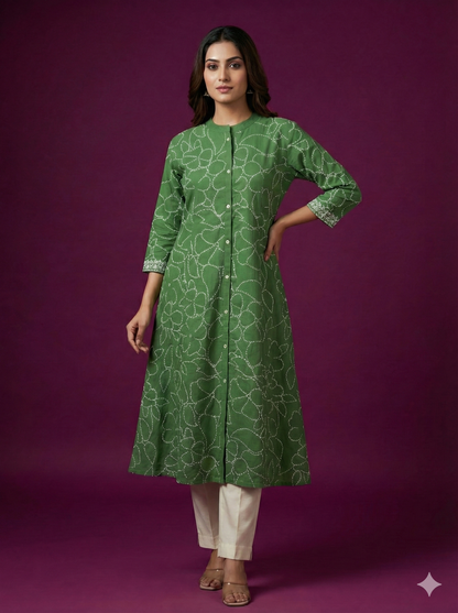 Green Mandarin Cotton Kurta
