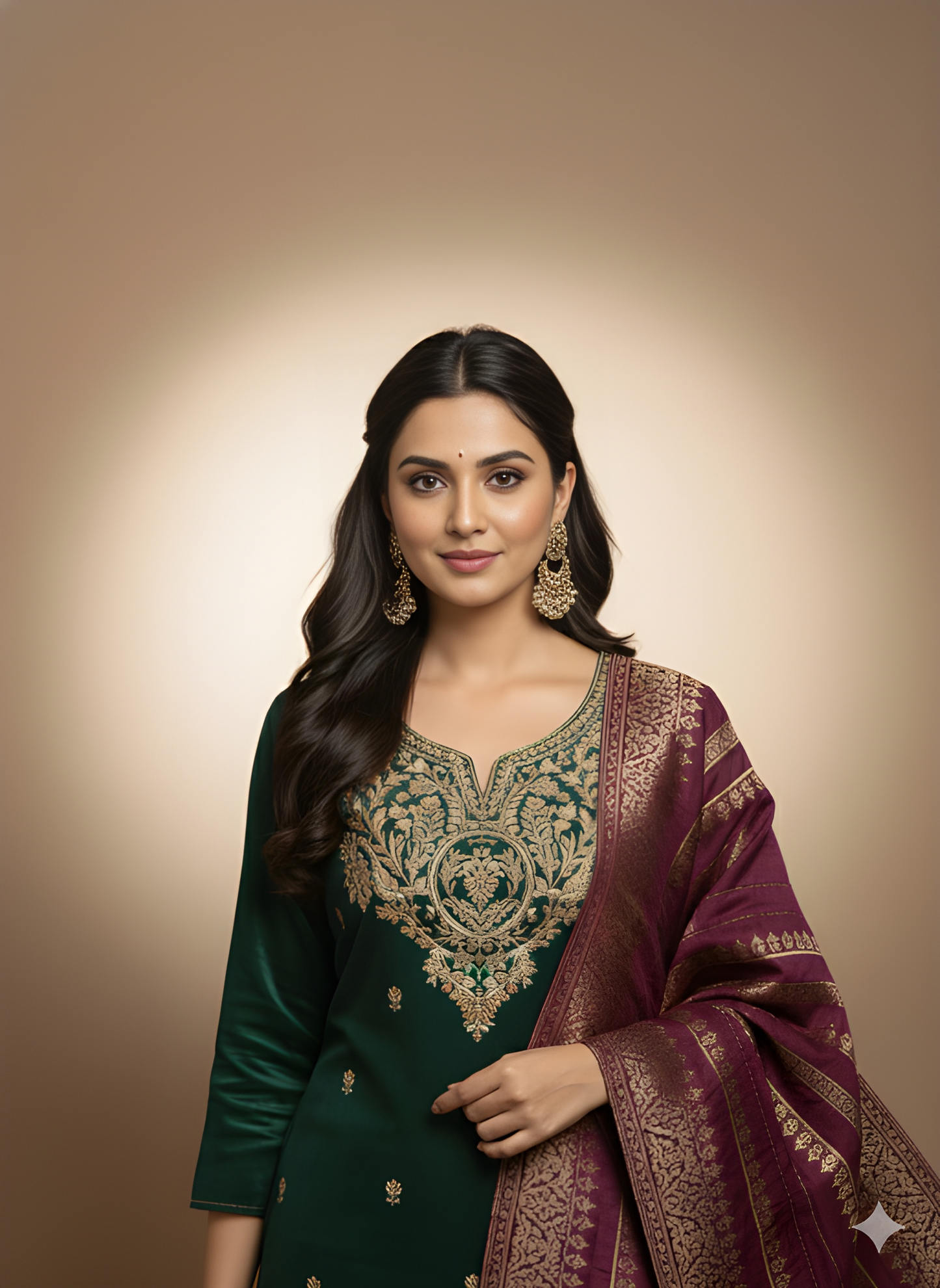 Green Round V Neck Gazi Silk Kurta Set with Dupatta