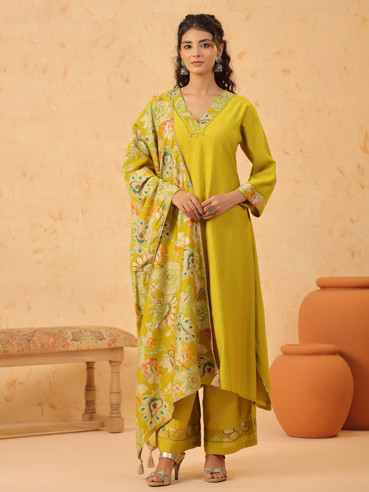Green V Neck Viscose Kurta Set with Dupatta