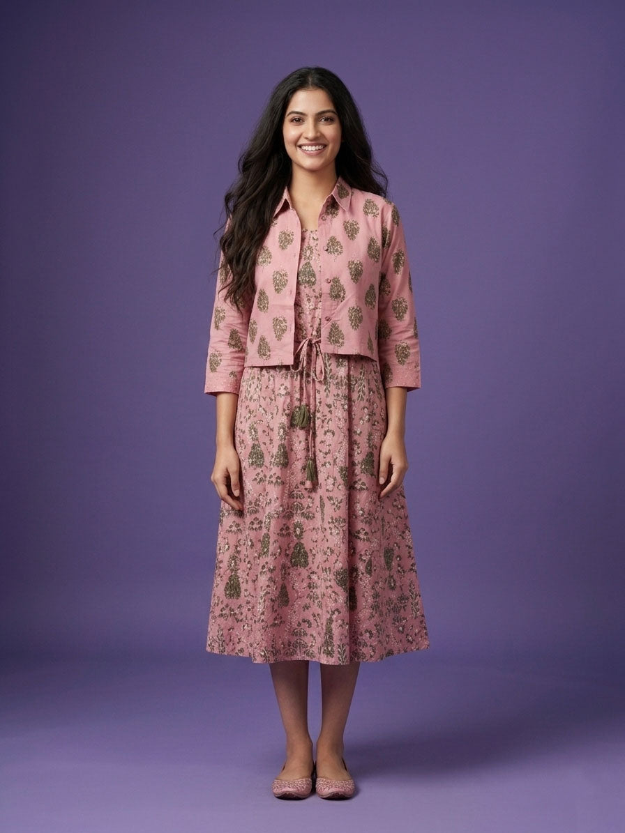 Pink Round Neck Cotton Kurta  With Crop Jacket